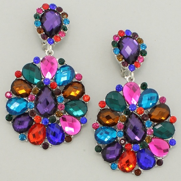 Jewelry - Large MultiColor Crystal Rhinestone Wedding Pageant Prom Formal Clip-On Earrings